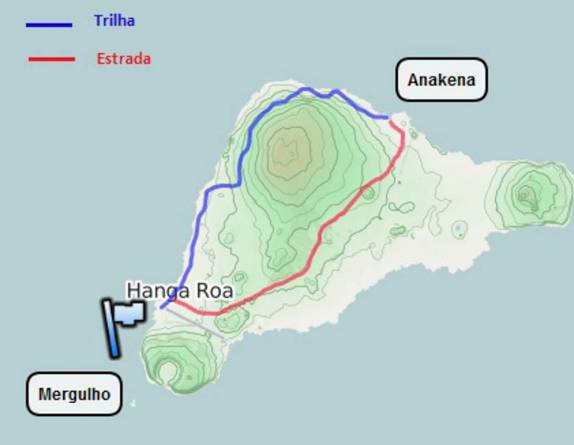 Mergulhando e caminhando mais de 20 km pelas encostas do vulcão Terevaka, até a praia de Anakena, na Ilha de Pascoa. A volta foi de carona, pela estrada!